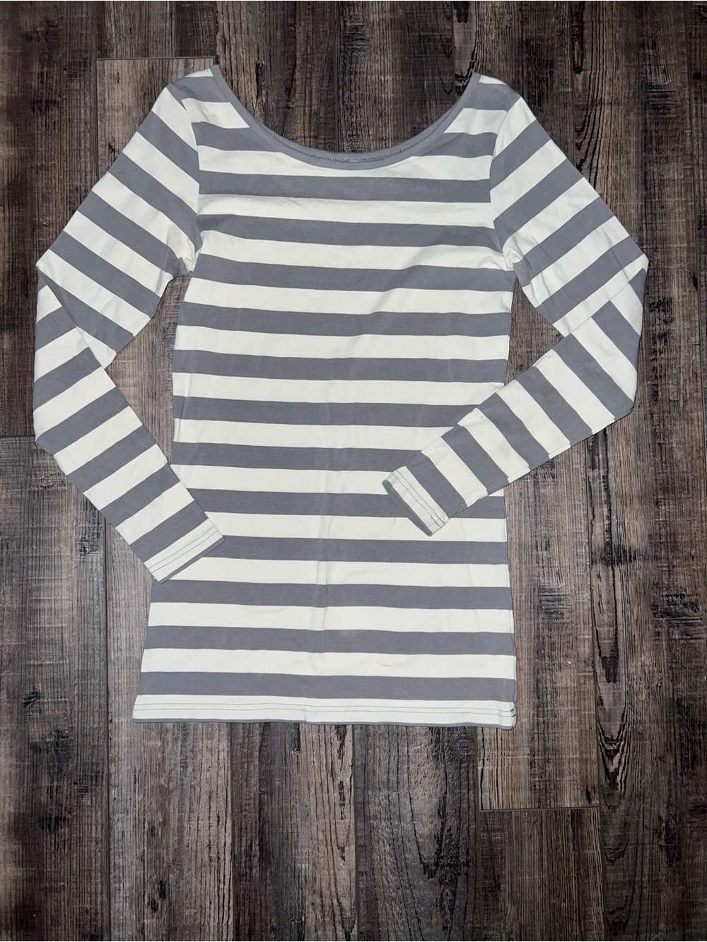 Matilda Jane Striped Long-Sleeve Boatneck Top in Gray and Cream